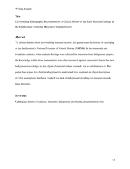 Writing Sample 18 Title Decolonizing Ethnographic Documentation: A