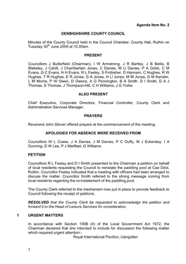 1 Agenda Item No. 2 DENBIGHSHIRE COUNTY COUNCIL Minutes of The