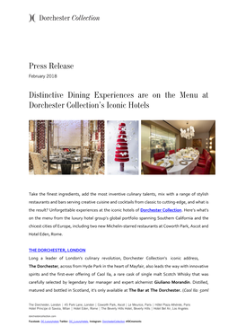 Press Release Distinctive Dining Experiences Are on the Menu at Dorchester Collection's Iconic Hotels