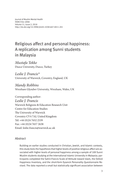 Religious Affect and Personal Happiness: a Replication Among Sunni Students in Malaysia