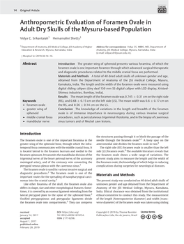 Anthropometric Evaluation of Foramen Ovale in Adult Dry Skulls of the Mysuru-Based Population