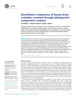 Quantitative Uniqueness of Human Brain Evolution Revealed Through Phylogenetic Comparative Analysis Ian F Miller1,2*, Robert a Barton3, Charles L Nunn2,4