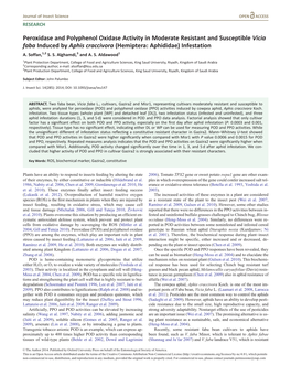 Peroxidase and Polyphenol Oxidase Activity in Moderate Resistant and Susceptible Vicia Faba Induced by Aphis Craccivora (Hemiptera: Aphididae) Infestation A