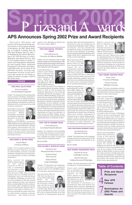 APS Announces Spring 2002 Prize and Award Recipients