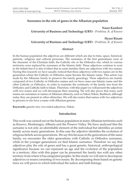 Surnames in the Role of Genes in the Albanian Population