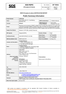 SGS RSPO Public Summary Information