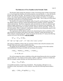 Lab #4 the Behavior of Two Families in the Periodic Table