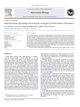 Natural History, Physiology and Energetic Strategies of Asellia Tridens (Chiroptera)