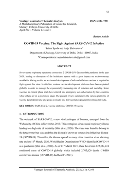 COVID-19 Vaccine: the Fight Against SARS-Cov-2 Infection Saima Syeda and Anju Shrivastava* Department of Zoology, University of Delhi, Delhi-110007, India