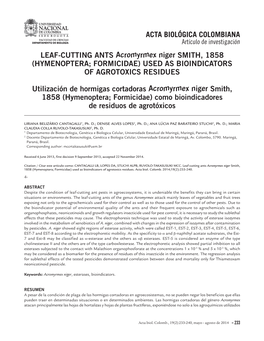 LEAF-CUTTING ANTS Acromyrmex Niger SMITH, 1858 (HYMENOPTERA; FORMICIDAE) USED AS BIOINDICATORS of AGROTOXICS RESIDUES