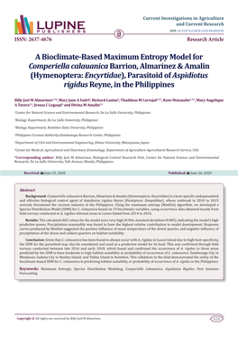 A Bioclimate-Based Maximum Entropy Model for Comperiella Calauanica
