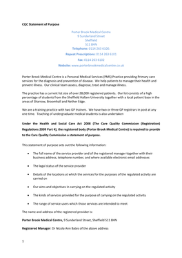 1 CQC Statement of Purpose Porter Brook Medical Centre 9 Sunderland