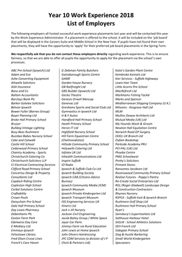 Year 10 Work Experience 2018 List of Employers