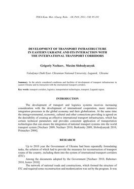 Development of Transport Infrastructure in Eastern Ukraine and Its Interaction with the International Transport Corridors