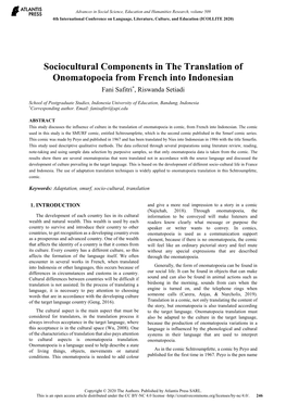 Sociocultural Components in the Translation of Onomatopoeia from French Into Indonesian Fani Safitri*, Riswanda Setiadi