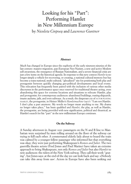 Looking for His “Part”: Performing Hamlet in New Millennium Europe by Nicoleta Cinpoeş and Lawrence Guntner