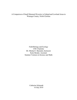 A Comparison of Small Mammal Diversity in Upland and Lowland Areas in Watauga County, North Carolina