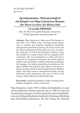 Sprachnomaden: Mehrsprachigkeit Am Beispiel Von Olga Grjasnowas Roman: Der Russe Ist Einer, Der Birken Liebt Grazziella PREDOIU Doz