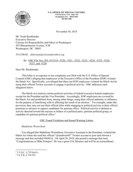 November 30, 2018 Mr. Noah Bookbinder Executive Director Citizens for Responsibility and Ethics in Washington 455 Massachusetts Avenue, N.W