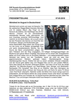 PRESSEMITTEILUNG 07.05.2018 Skindred Im August in Deutschland