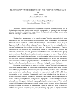 PLANTIGRADY and DIGITIGRADY in the FISSIPED CARNIVORANS by Léonard Ginsburg Mammalia 25(1): 1-21