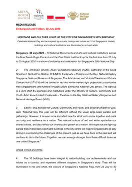 1 MEDIA RELEASE Embargoed Until 7.30Pm, 30 July 2020 HERITAGE and CULTURE LIGHT up the CITY for SINGAPORE's 55TH BIRTHDAY Sing