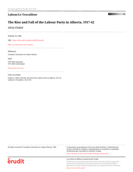 The Rise and Fall of the Labour Party in Alberta, 1917-42 Alvin Finkel