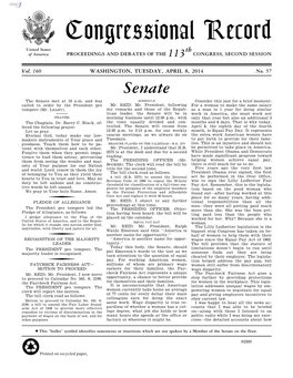 Congressional Record United States Th of America PROCEEDINGS and DEBATES of the 113 CONGRESS, SECOND SESSION