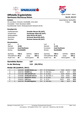 Offizielle Ergebnisliste Alpiner Schilauf - Slalom Sparkassen-Bezirkscup Slalom Gen.Nr