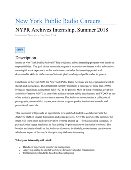 New York Public Radio Careers NYPR Archives Internship, Summer 2018 Internships New York City, New York