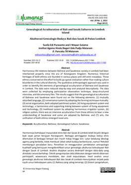 Genealogical Acculturation of Bali and Sasak Cultures in Lombok Island