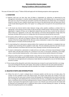 Worcestershire County League Playing Conditions (Win/Lose/Draw) 2019