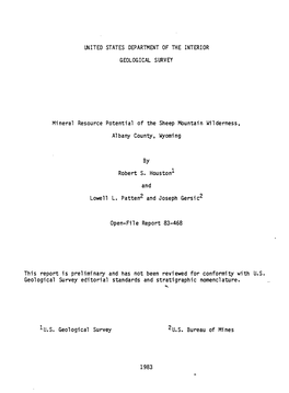 Mineral Resource Potential of the Sheep Mountain Wilderness, Albany County, Wyoming