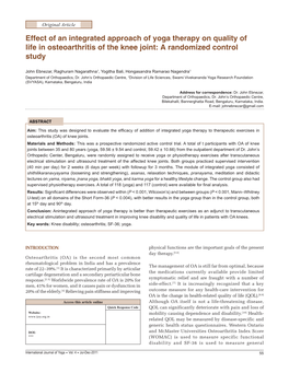 Effect of an Integrated Approach of Yoga Therapy on Quality of Life in Osteoarthritis of the Knee Joint: a Randomized Control Study