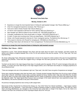 Minnesota Twins Daily Clips Monday, October 6, 2014