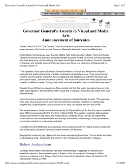 Governor General's Awards in Visual and Media Arts Announcement of Laureates