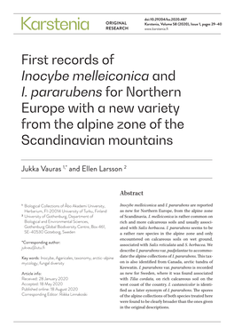 First Records of Inocybe Melleiconica and I. Pararubens for Northern Europe with a New Variety from the Alpine Zone of the Scandinavian Mountains