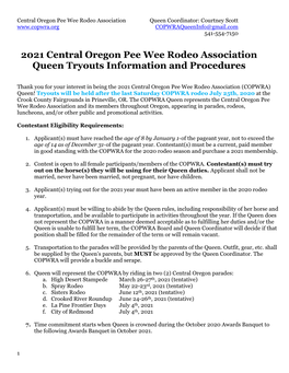 2021 Central Oregon Pee Wee Rodeo Association Queen Tryouts Information and Procedures