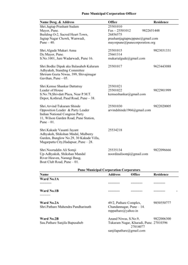 Pune Municipal Corporation Officer Name Desg. & Address Office