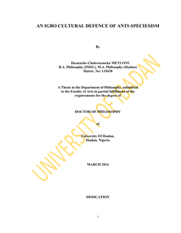 An Igbo Cultural Defence of Anti-Speciesism