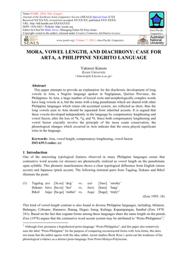 Mora, Vowel Length, and Diachrony: Case for Arta, a Philippine Negrito Language