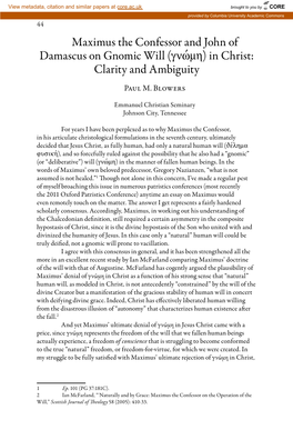 Maximus the Confessor and John of Damascus on Gnomic Will (Γνώμη) in Christ: Clarity and Ambiguity Paul M