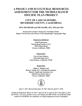 A Phase I and Ii Cultural Resources Assessment for the Nichols Ranch Specific Plan Project