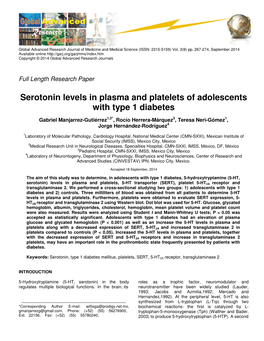 Serotonin Levels in Plasma and Platelets of Adolescents with Type 1 Diabetes