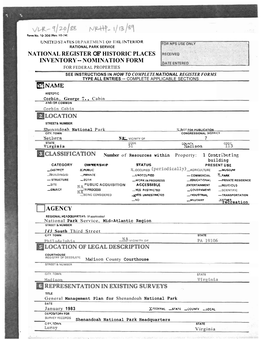 Nomination Form for Federal Properties I See Instructions in How to Completenational Register Forms Type All Entries -- Complete Applicable Sections Name