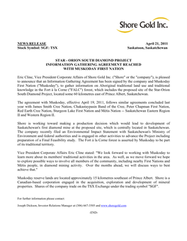 Orion South Diamond Project Information Gathering Agreement Reached with Muskoday First Nation