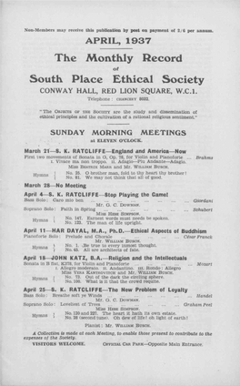 The Monthly Record South Place Ethical Society