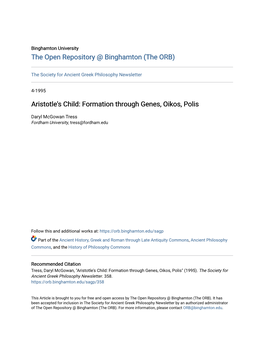 Aristotle's Child: Formation Through Genes, Oikos, Polis