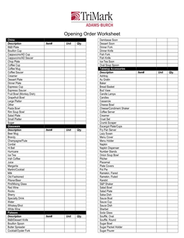 Opening Order Worksheet China Demitasse Soon Description Item# Unit Qty