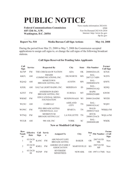 PUBLIC NOTICE News Media Information 202/418- Federal Communications Commission 0500 445 12Th St., S.W